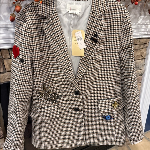 NWT Anthropologie Appliqué Women's Houndstooth Blazer with Gorgeous Beading L - Picture 2 of 16